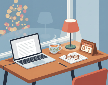 Cozy workspace with laptop, coffee, and Christmas tree with lights in background.